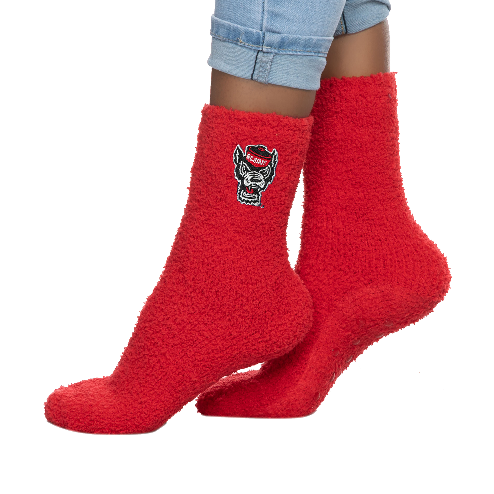 NC State Wolfpack Zoozatz Red Wolfhead Grip Fuzzy Socks