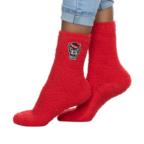 NC State Wolfpack Zoozatz Red Wolfhead Grip Fuzzy Socks