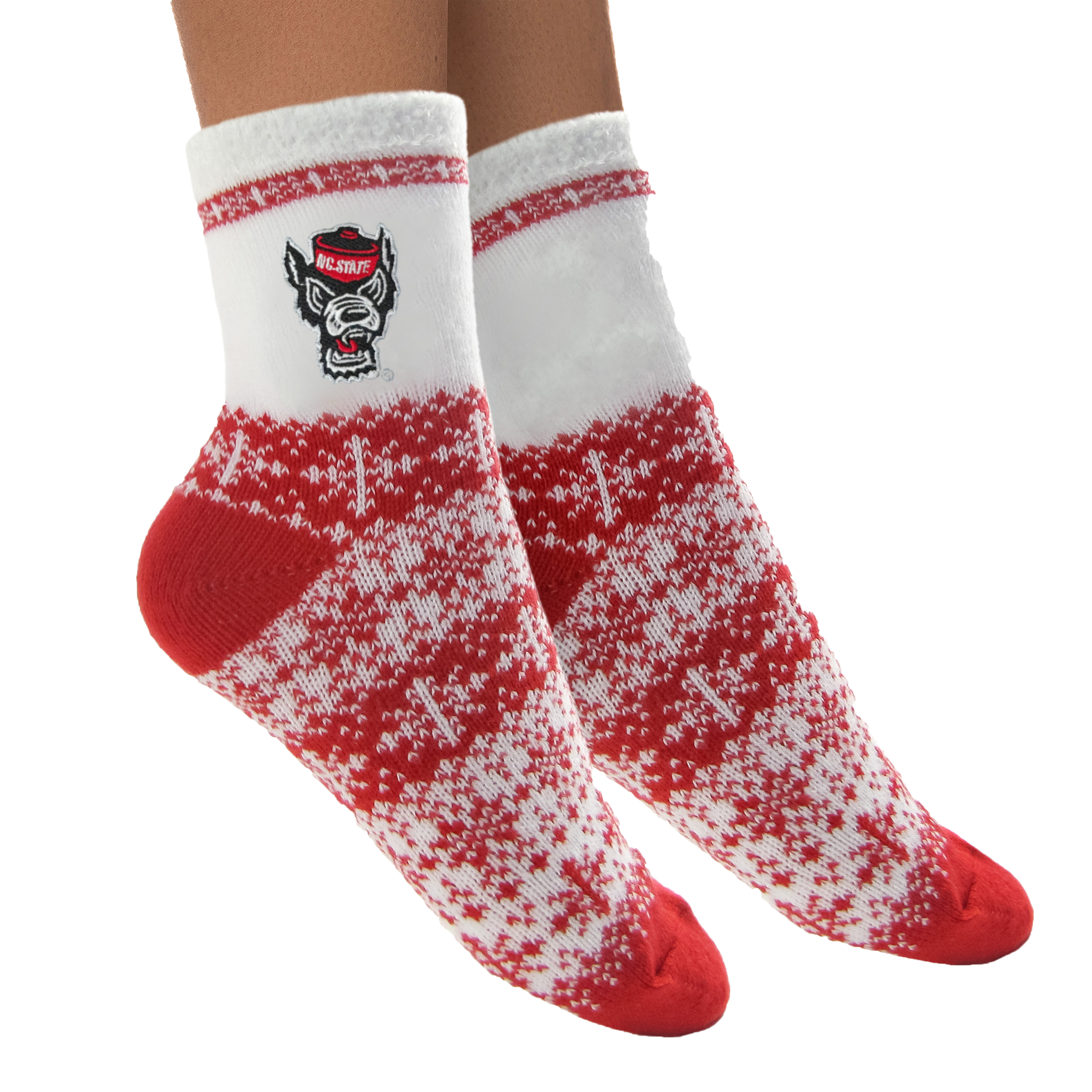 NC State Wolfpack Red and White Snowflake Holiday Fuzzy Socks