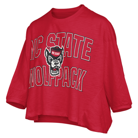 NC State Wolfpack Women's Red "Ascher" Drop Shoulder Wolfhead Slub Top