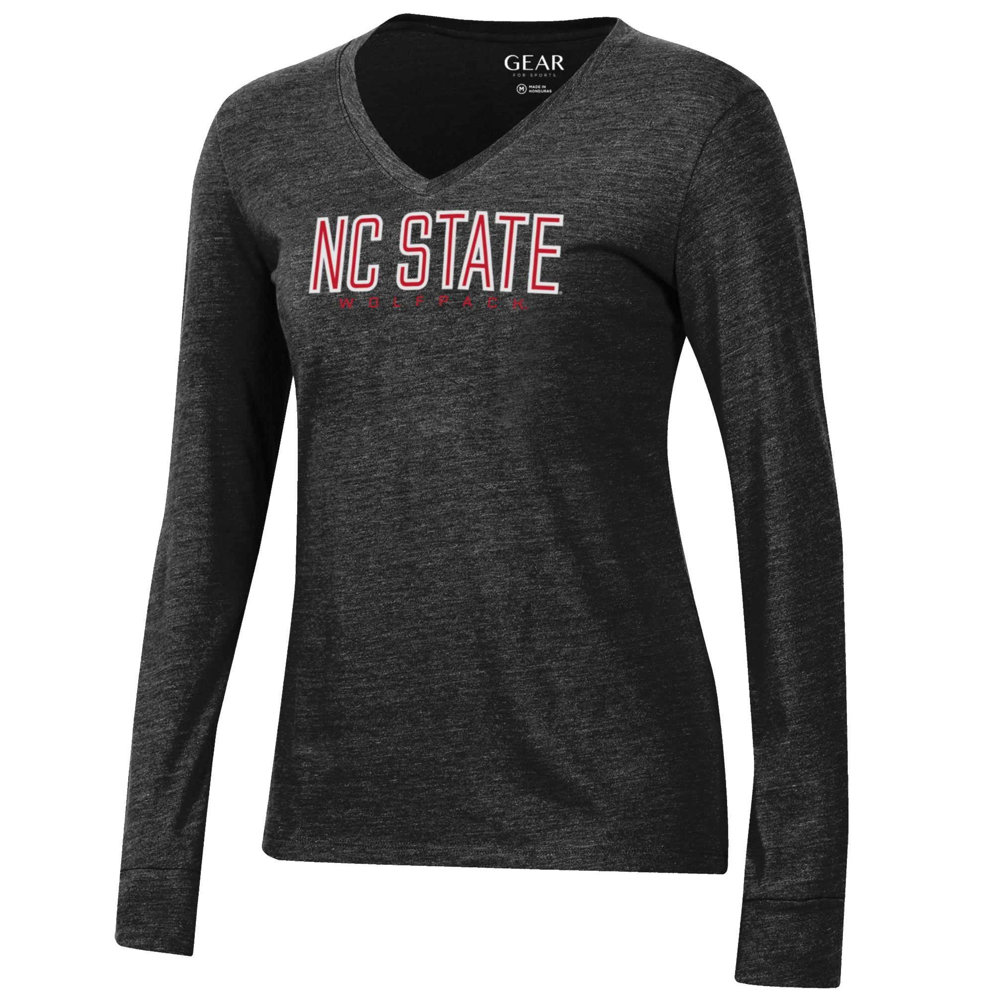NC State Wolfpack Women's Dark Heather Grey Blocked Outline V-Neck Long Sleeve T-Shirt