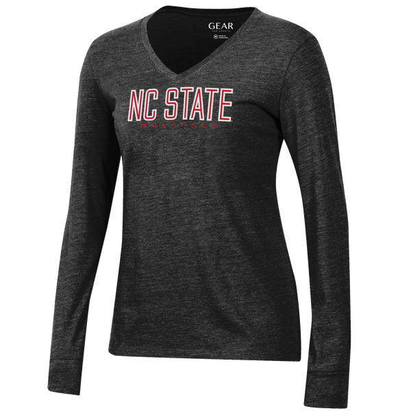 NC State Wolfpack Women's Dark Heather Grey Blocked Outline V-Neck Long Sleeve T-Shirt