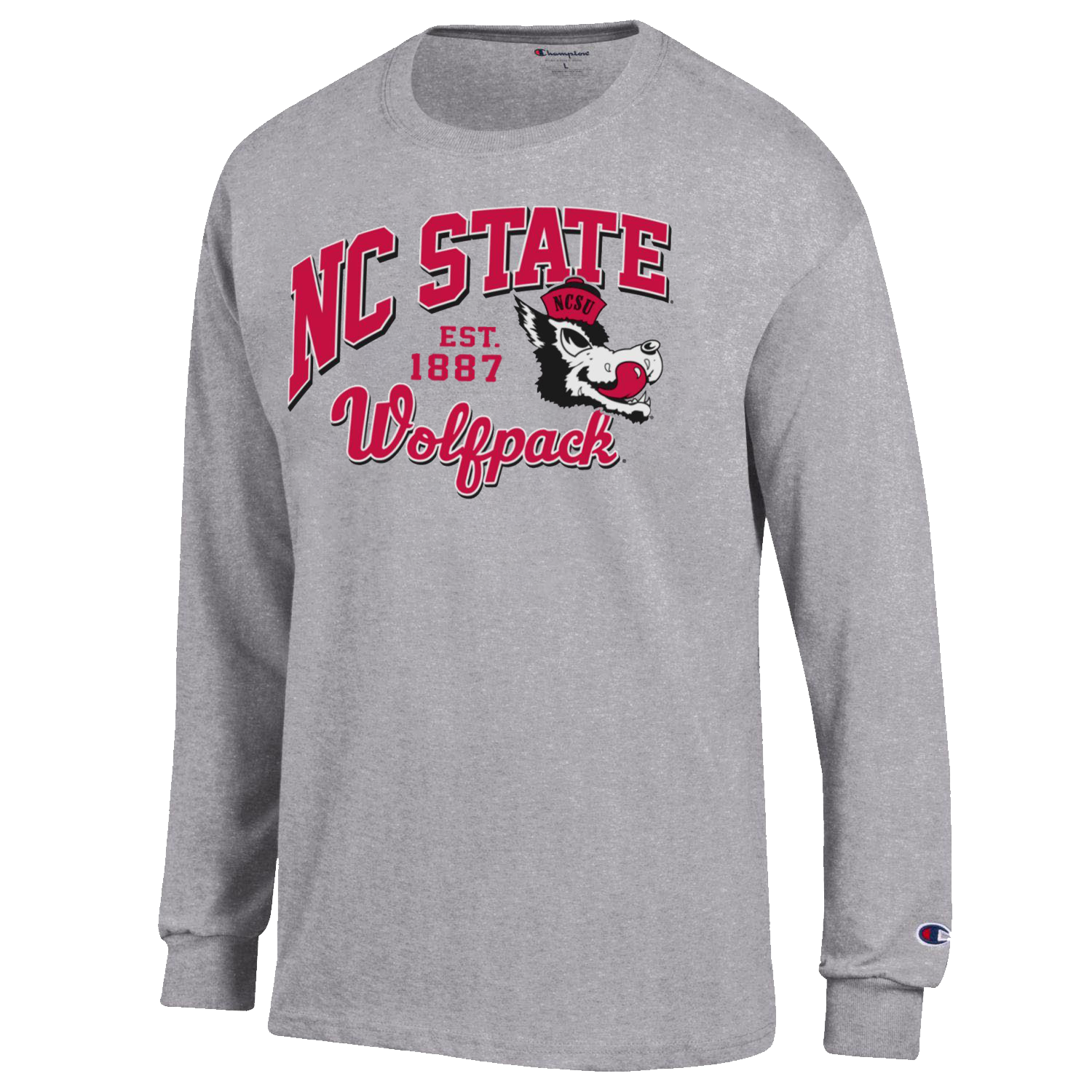 NC State Wolfpack Champion Grey Slobbering Wolf Block Script Long Sleeve T-Shirt