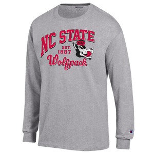 NC State Wolfpack Champion Grey Slobbering Wolf Block Script Long Sleeve T-Shirt