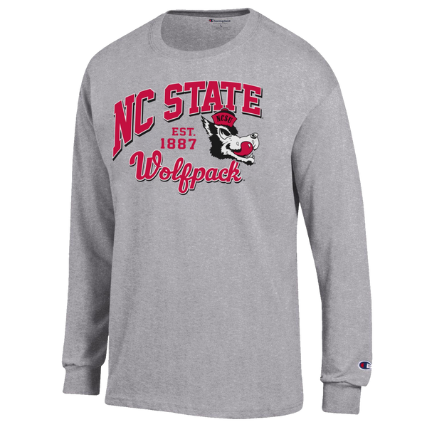 NC State Wolfpack Champion Grey Slobbering Wolf Block Script Long Sleeve T-Shirt