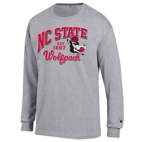 NC State Wolfpack Champion Grey Slobbering Wolf Block Script Long Sleeve T-Shirt