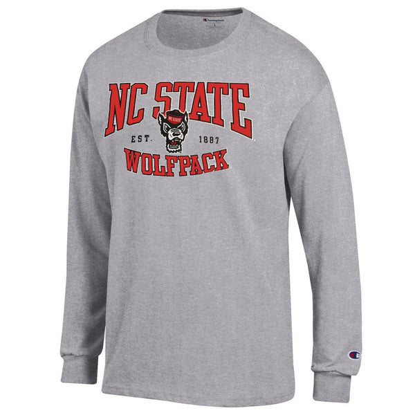 NC State Wolfpack Champion Grey Arched Wolfpack Est. 1887 Over Wolfhead Long Sleeve T-Shirt