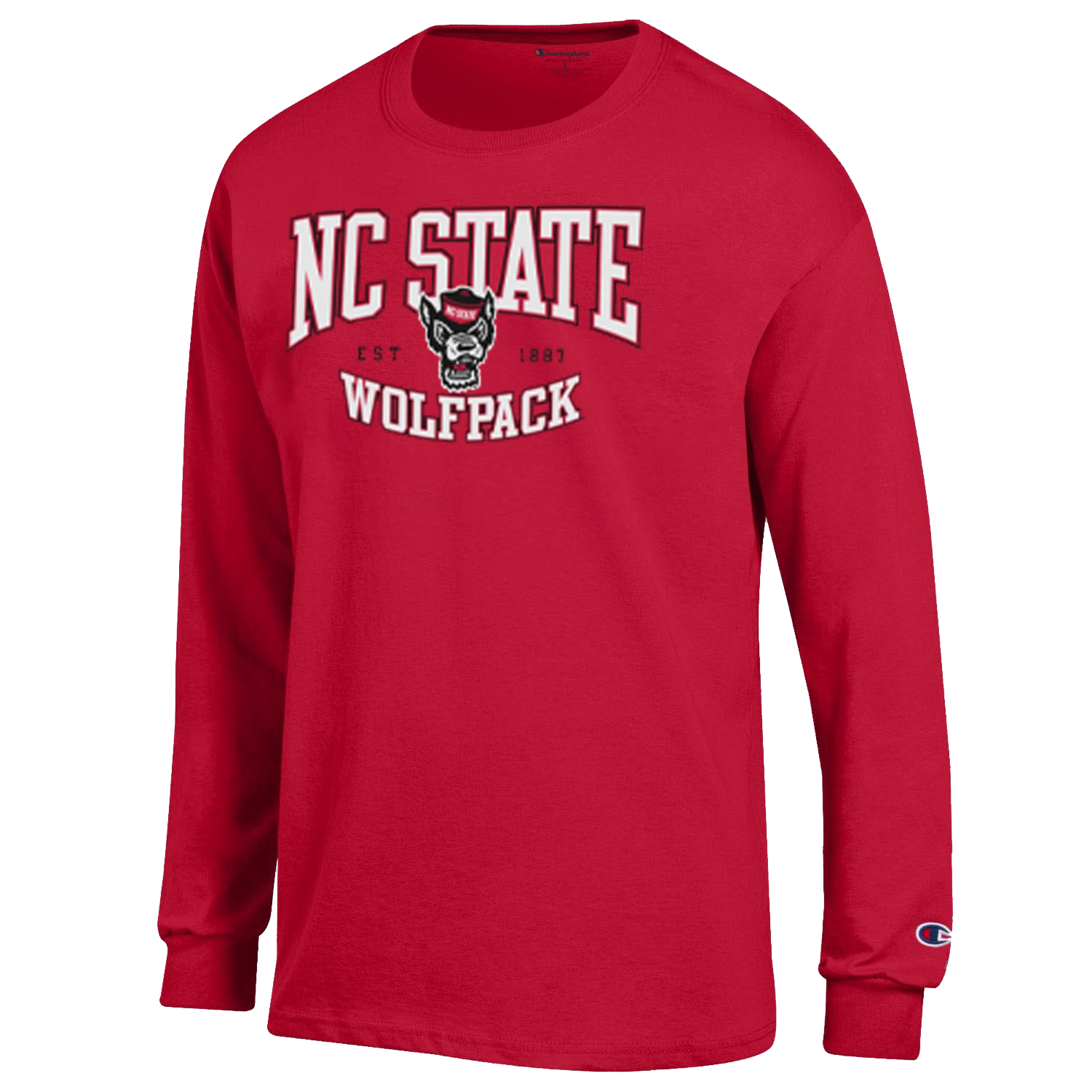 NC State Wolfpack Champion Red Arched Wolfpack Est. 1887 Over Wolfhead Long Sleeve T-Shirt