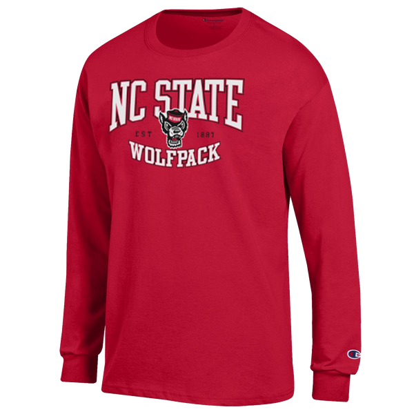 NC State Wolfpack Champion Red Arched Wolfpack Est. 1887 Over Wolfhead Long Sleeve T-Shirt