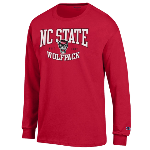 NC State Wolfpack Champion Red Arched Wolfpack Est. 1887 Over Wolfhead Long Sleeve T-Shirt
