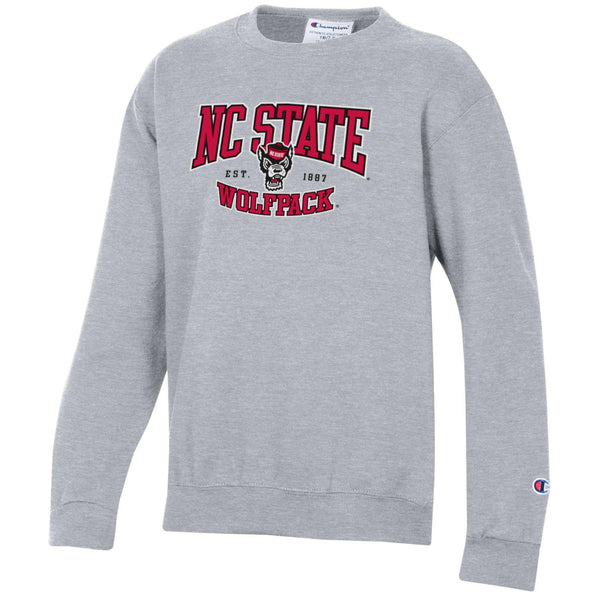 NC State Wolfpack Champion Youth Oxford Heather Grey Wolfhead Established 1887 Crewneck Sweatshirt