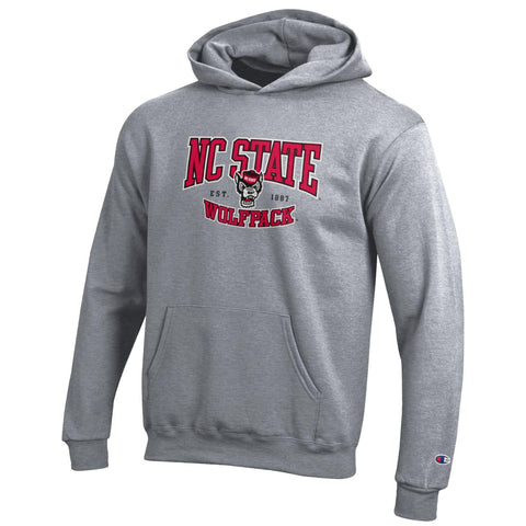 NC State Wolfpack Champion Youth Oxford Heather Grey Wolfhead Established 1887 Hooded Sweatshirt