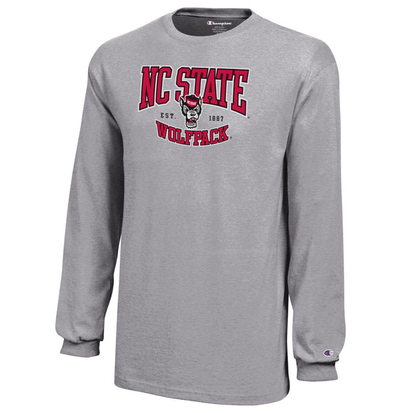 NC State Wolfpack Champion Youth Oxford Heather Grey Wolfhead Established 1887 Long Sleeve T-Shirt