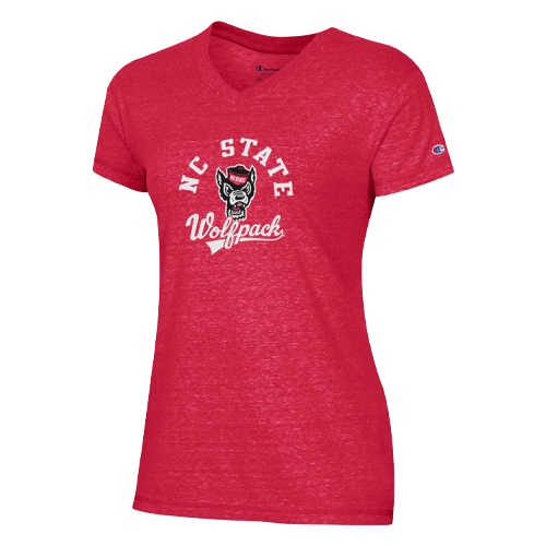 NC State Wolfpack Women's Champion Red V-neck Arch Wolfhead T-shirt