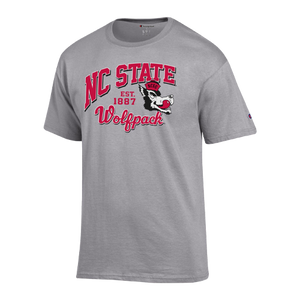 NC State Wolfpack Champion Grey Slobbering Wolf Block Script Short Sleeve T-Shirt
