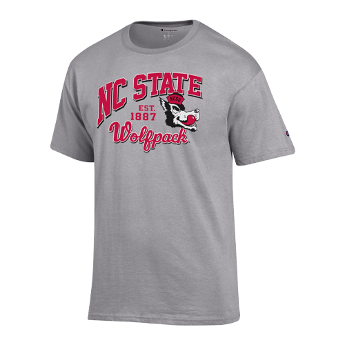 NC State Wolfpack Champion Grey Slobbering Wolf Block Script Short Sleeve T-Shirt