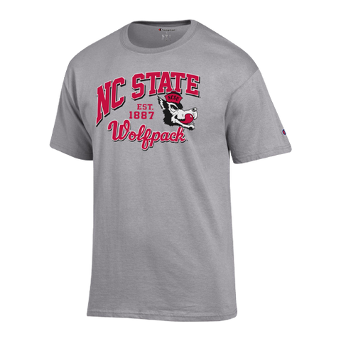 NC State Wolfpack Champion Grey Slobbering Wolf Block Script Short Sleeve T-Shirt