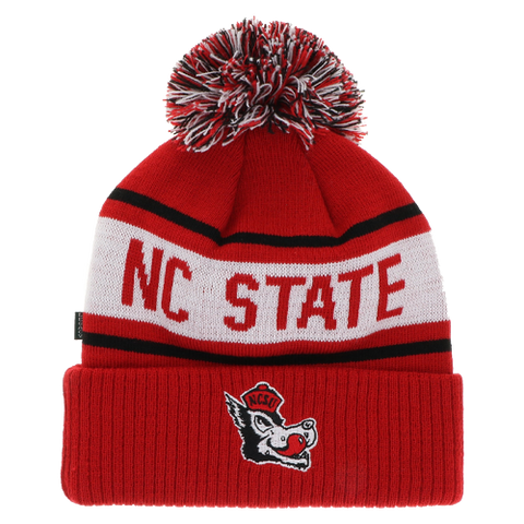 NC State Wolfpack Legacy Red and White Slobbering Wolf Cuffed Knit Pom Beanie