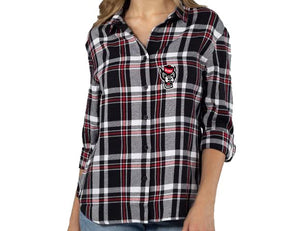 NC State Wolfpack Women's Black and Red Boyfriend Plaid Button Down Shirt