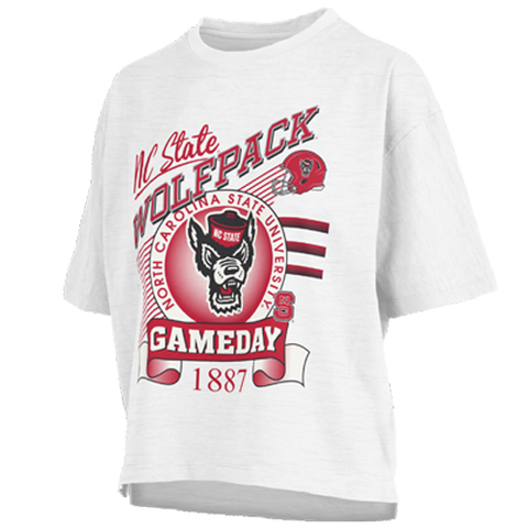 NC State Wolfpack Women's White Calgary Wolfhead Oversized Crop Top