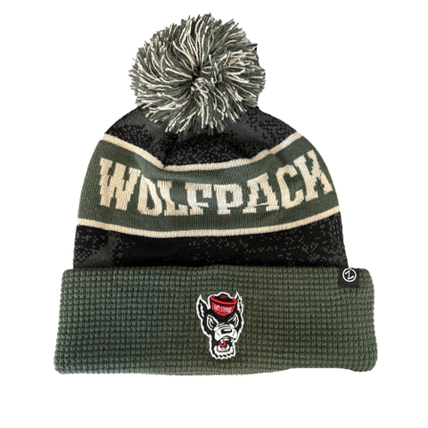 NC State Wolfpack Camo Waffle Knit Cuff and Pom Beanie