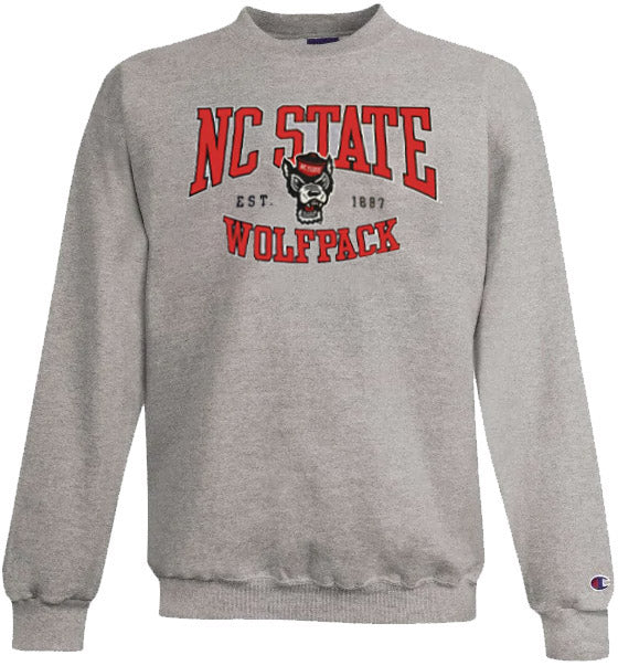 NC State Wolfpack Champion Grey Arched Wolfpack Est. 1887 Over Wolfhead Crewneck Sweatshirt