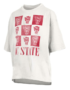 NC State Wolfpack Women's White Checkered Wolfhead Oversized T-Shirt