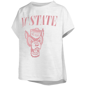 NC State Wolfpack Women's White Drop Shoulder Wolfhead Slub Top