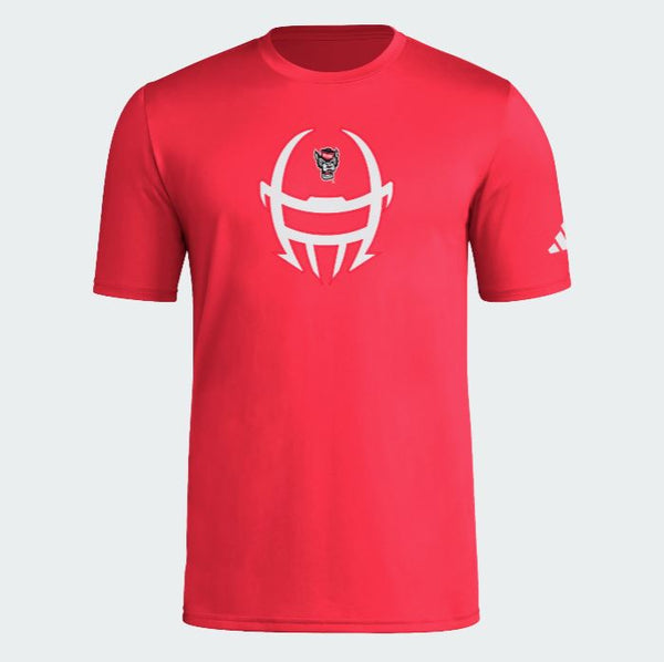 NC State Wolfpack Adidas 2025 Red Football Helmet Pre-Game Performance T-Shirt