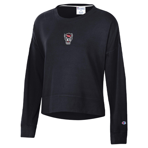 NC State Wolfpack Women's Champion Black Wolfhead Soft Sueded Waist Length Crew