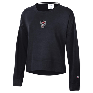 NC State Wolfpack Women's Champion Black Wolfhead Soft Sueded Waist Length Crew
