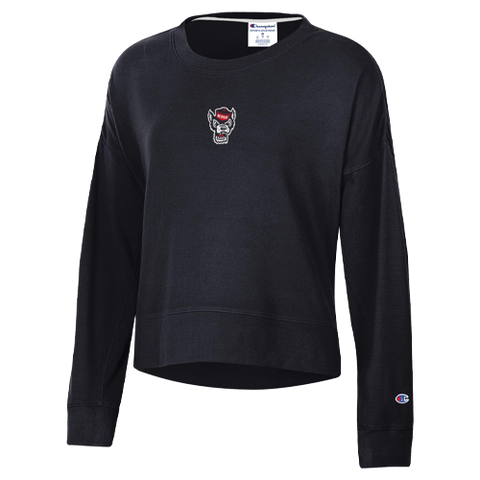 NC State Wolfpack Women's Champion Black Wolfhead Soft Sueded Waist Length Crew