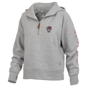 NC State Wolfpack Women's Heather Grey "Bronco" Wolfhead 1/4 Zip Oversized Hooded Sweatshirt
