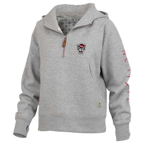 NC State Wolfpack Women's Heather Grey "Bronco" Wolfhead 1/4 Zip Oversized Hooded Sweatshirt
