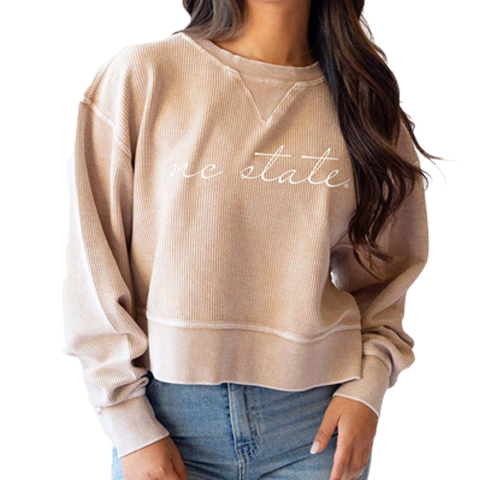 NC State Wolfpack Women's Latte Corded Script Waist Length Crewneck Sweatshirt