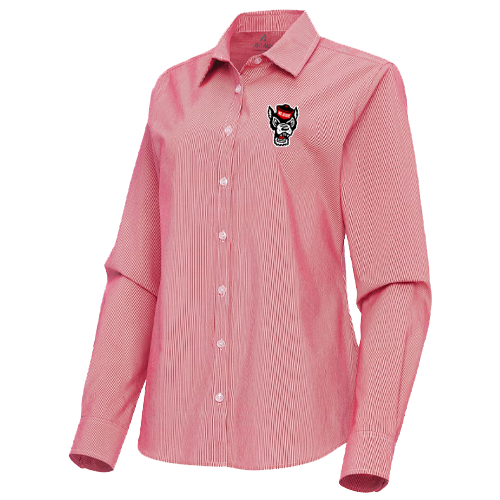 NC State Wolfpack Women's Antigua Red and White Micro Check Porter Long Sleeve Button Down Shirt