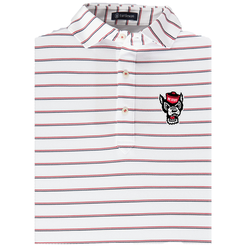 NC State Wolfpack Turtleson Red and White Tian Stripe Wolfhead Performance Polo