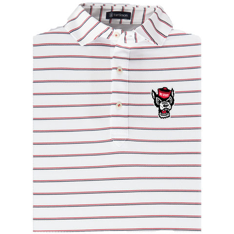 NC State Wolfpack Turtleson Red and White Tian Stripe Wolfhead Performance Polo