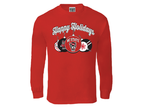 NC State Wolfpack TRT Red Happy Holidays Ornaments Long Sleeve T-Shirt