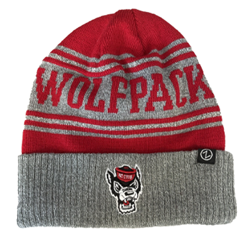 NC State Wolfpack Grey and Red Fleece Lined Wolfhead Beanie with Cuff