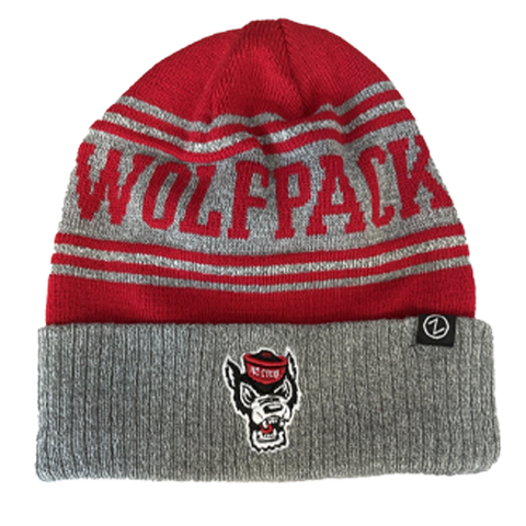 NC State Wolfpack Grey and Red Fleece Lined Wolfhead Beanie with Cuff