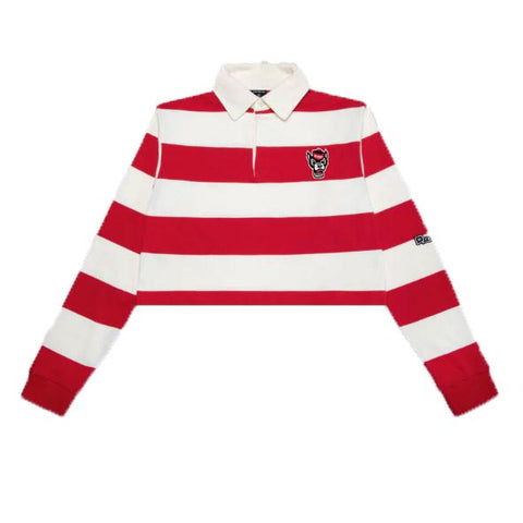 NC State Wolfpack Women's Red and White Stripe Cropped Rugby Polo