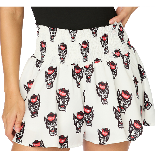 NC State Wolfpack Women's White All Over Wolfhead Poly Shorts