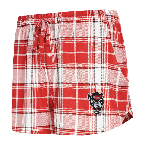 NC State Wolfpack Ladies Red and White Wolfhead Plaid Knit Shorts