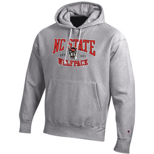 NC State Wolfpack Champion Grey Arched Wolfpack Est. 1887 Over Wolfhead Hooded Sweatshirt