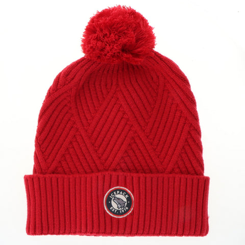Red Icepack Cuffed Knit Pom Beanie