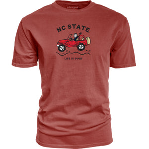 NC State Wolfpack Life Is Good Heather Red Dyed Ringspun Jake 4 Wheelin T-Shirt