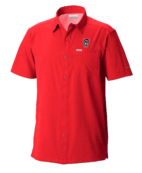 NC State Wolfpack Columbia Red Slack Tide Wolfhead Camp Shirt