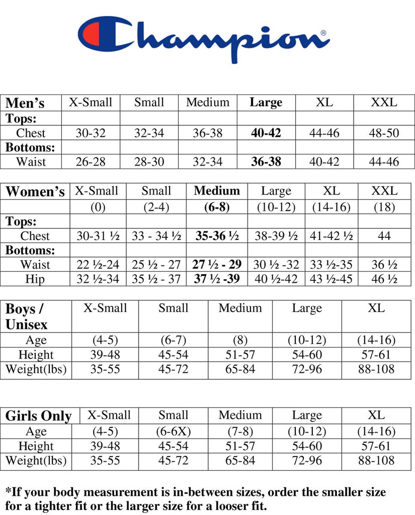 Champion crewneck 2025 sweatshirt size chart
