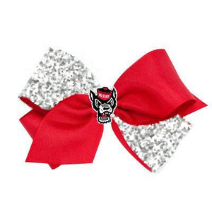 NC State Wolfpack Medium Red and White Wolfhead Glitter Hair Bow